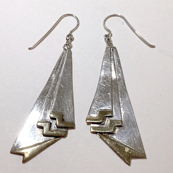 Vintage 60s Earrings Silver Brass Handmade - Picture 3 of 5